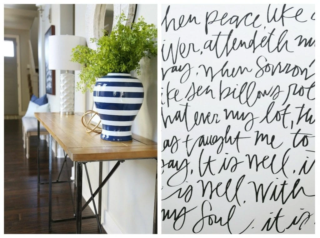 Entryway Details with Navy Striped Vase and 'It Is Well' Canvas via Life On Virginia Street