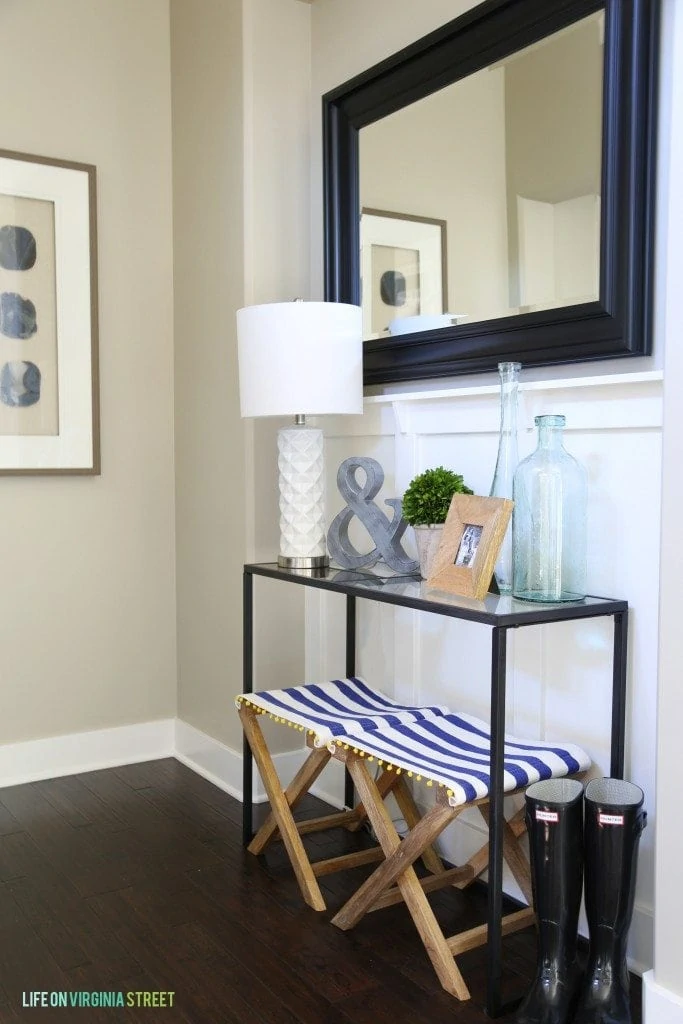 Entryway Table with Striped Benches and Rain Boots - Life On Virginia Street - no watermark