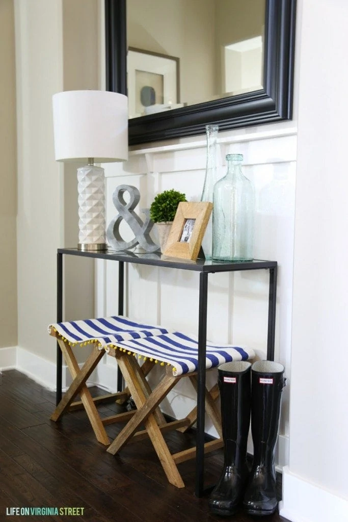 Entryway Table with striped benches and rain boots - Spring Home Tour at Life On Virginia Street