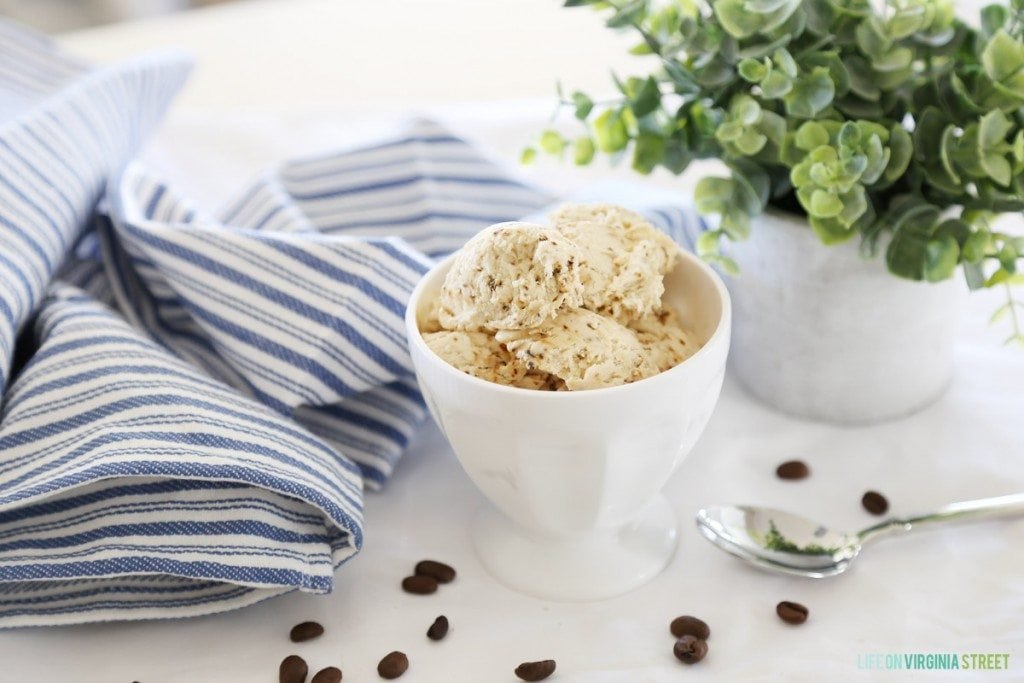 The scooped out ice cream in a bowl on the counter.