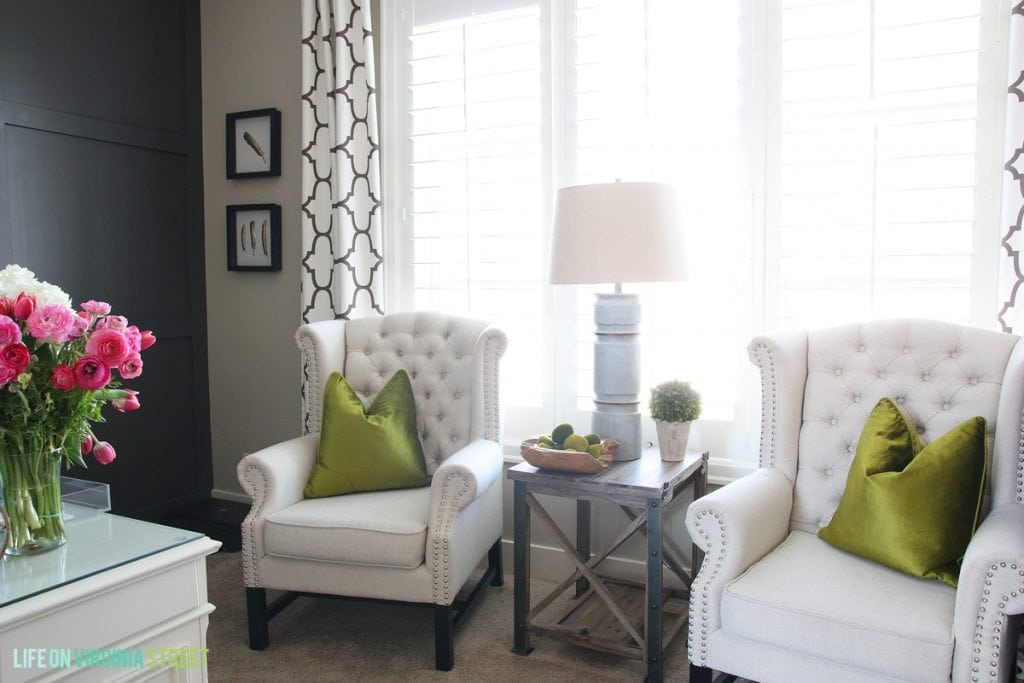 Linen Chairs in Office with Board and Batten Walls - Life on Virginia Street