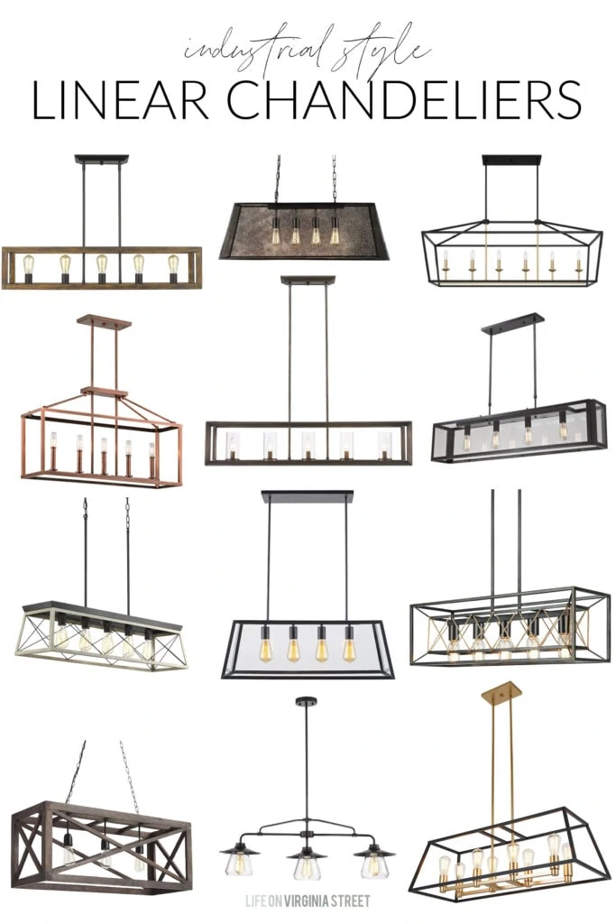 A collection of industrial linear chandeliers that are perfect for the modern farmhouse and industrial decor styles!