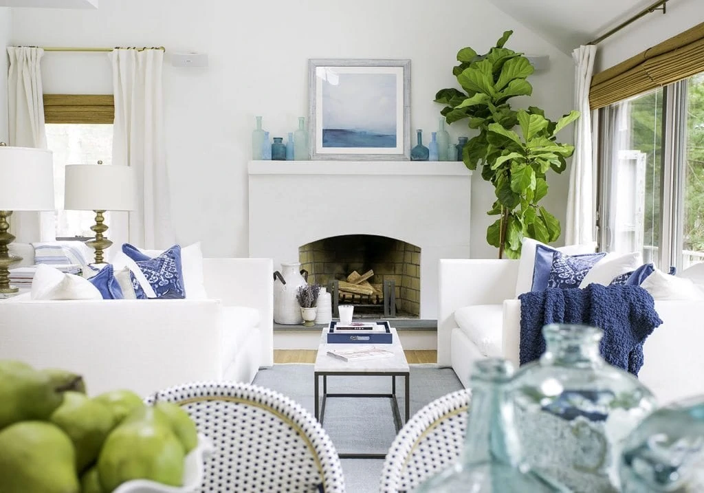 White, Blue and Green Living Room via Laurel & Wolf
