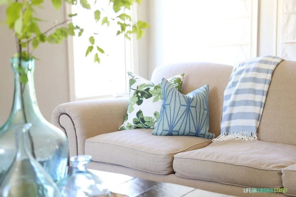 Blue and Green Summer Living Room Pillows - Fig Leaf and Katana - Life On Virginia Street