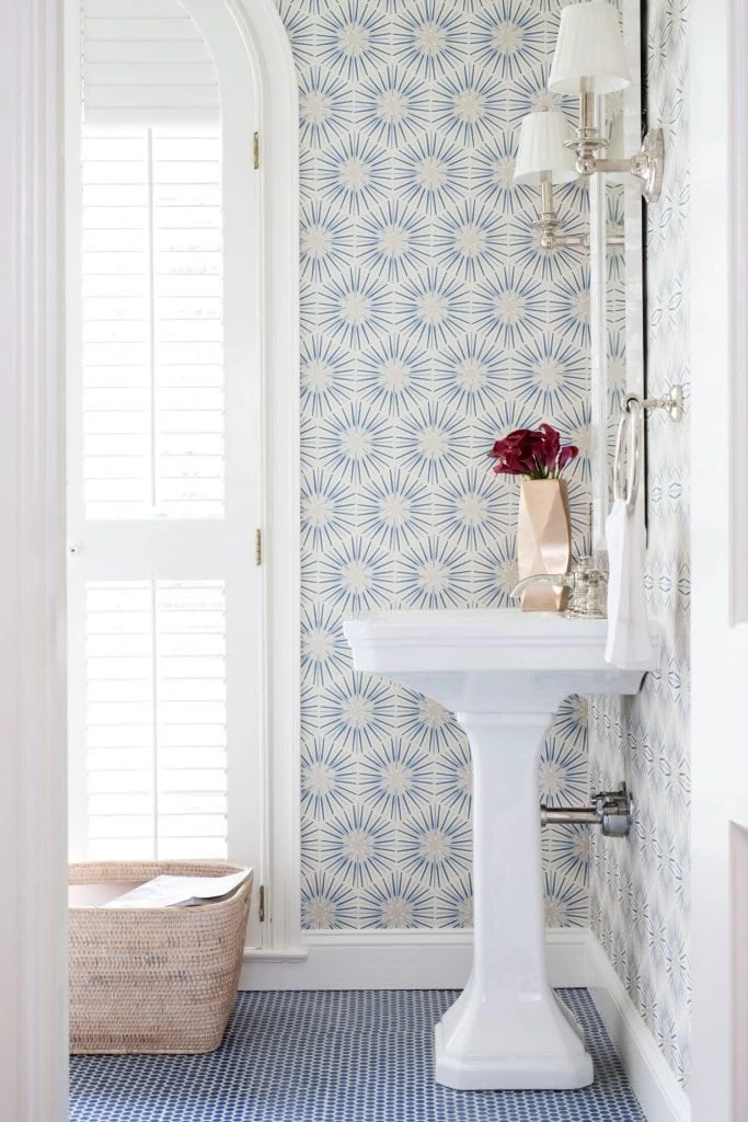 Traditionally Modern Bathroom with Blue and White Wallpaper via Ella Scott Design