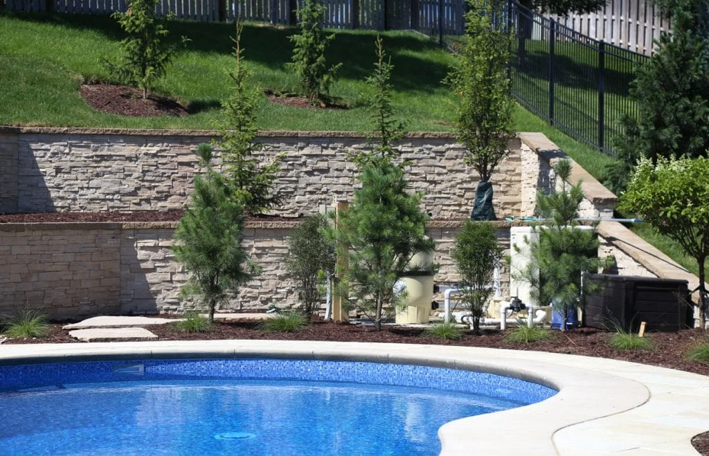 Backyard landscaping to hide the pool controls and keep them out of sight. 