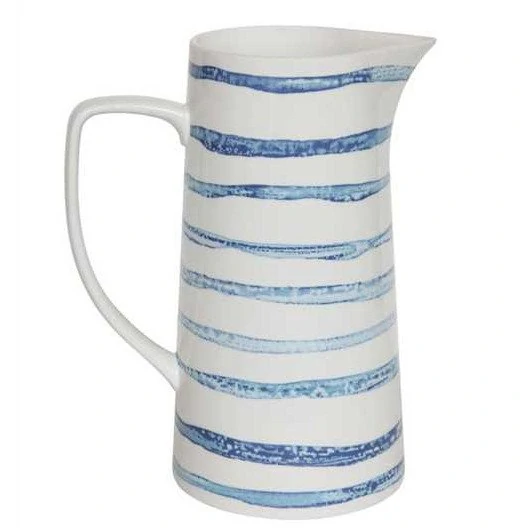 Blue and White Striped Stoneware Pitcher Vase