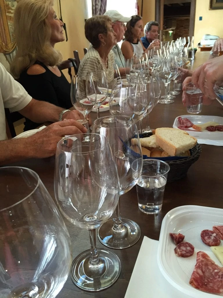 People sitting in a row at a table with many wine glasses lined up for a wine tasting.