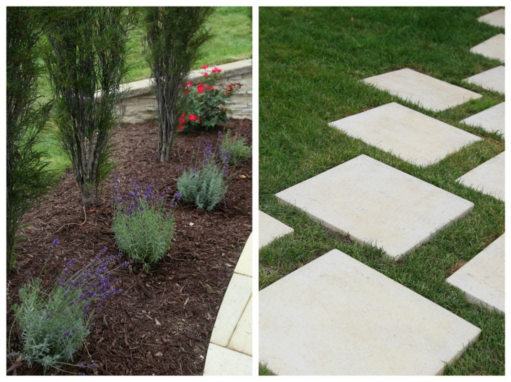 Small flowering shrubs beside the pool, plus stepping stones in the grass beside the pool.