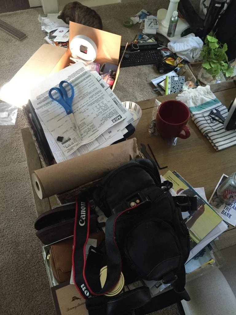 Office items on the floor of the office with a cat beside it.