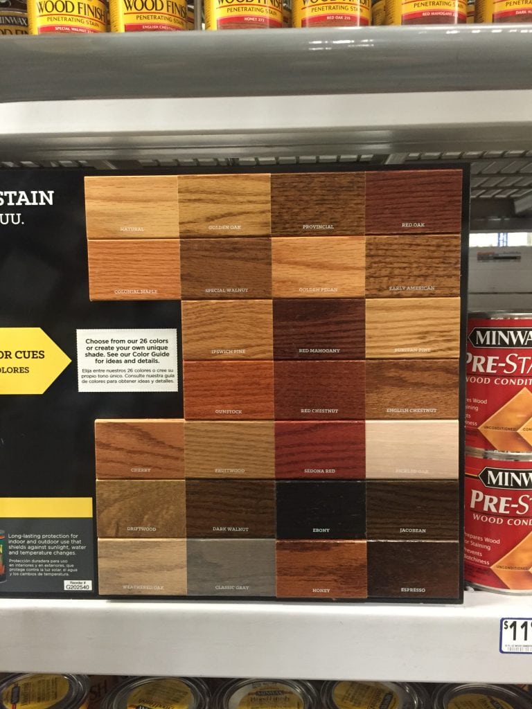 Minwax Stain examples in the store, trying to pick.