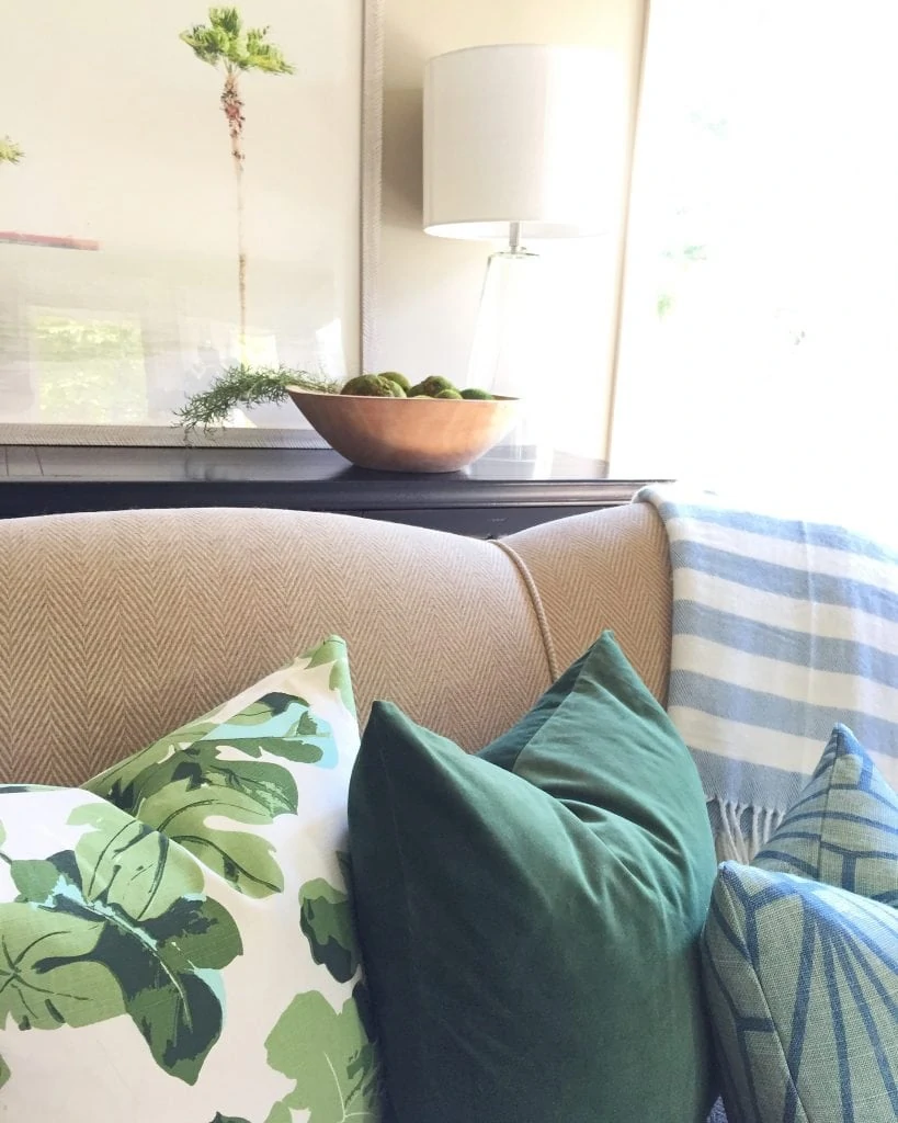 Fall Living Room with Fig Leaf Pillows and Green Velvet