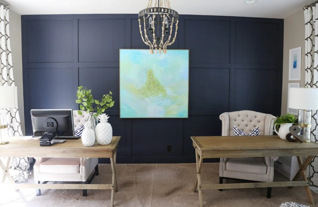 Office with Hale Navy Blue Walls and Wood Desk with white and green accents.