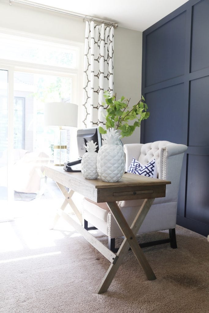 Office with Hale Navy Wall, Wood Desk and white and green accents