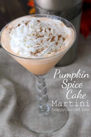 Pumpkin spice cake martini in a martini glass on the table.