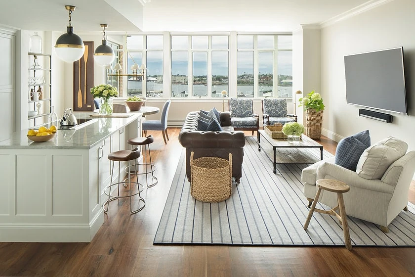 Coastal Living Room and Kitchen via Kelly McGuill Home