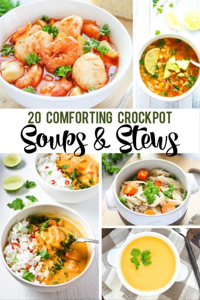 20 comforting crockpot soups and stews poster.