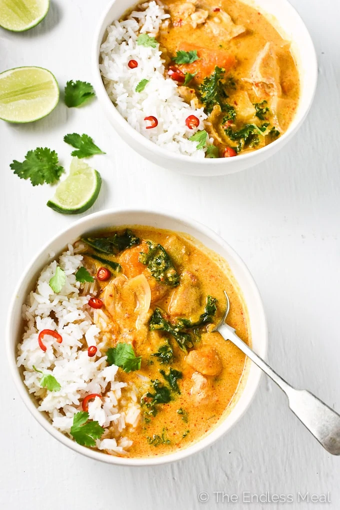 Thai chicken curry in a white bowl.