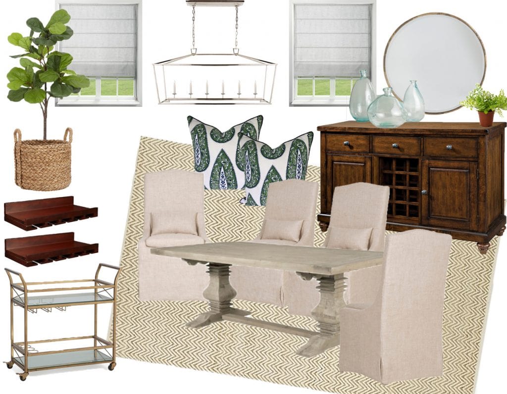 A dining room mood board, with a white table, throw pillows, a bar cart and a wooden hutch.