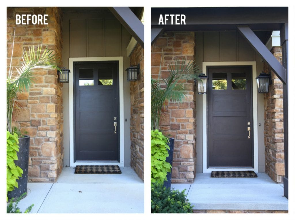 The before and after shot of the porch with the new lights versus the old lights.