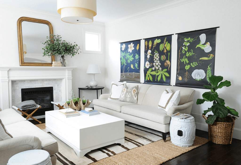 Living Room with Botanical Art via Rue Magazine