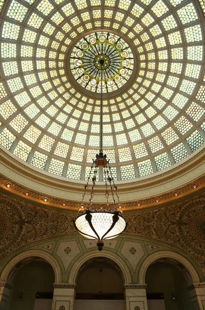 preston-bradley-hall-dome-in-chicago with the Tiffany stained glass ceiling.