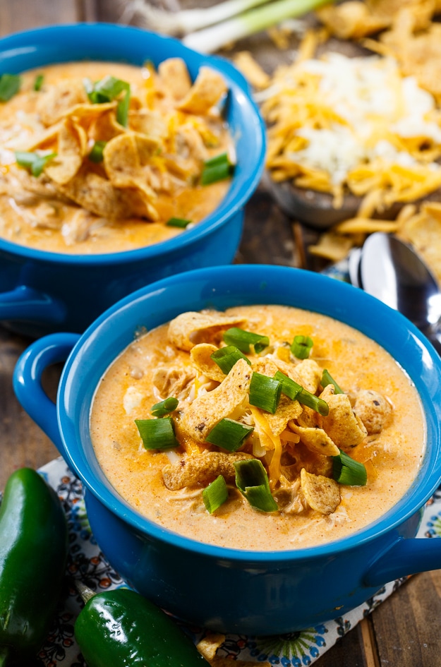 Blue bowl filled with chicken chili soup.