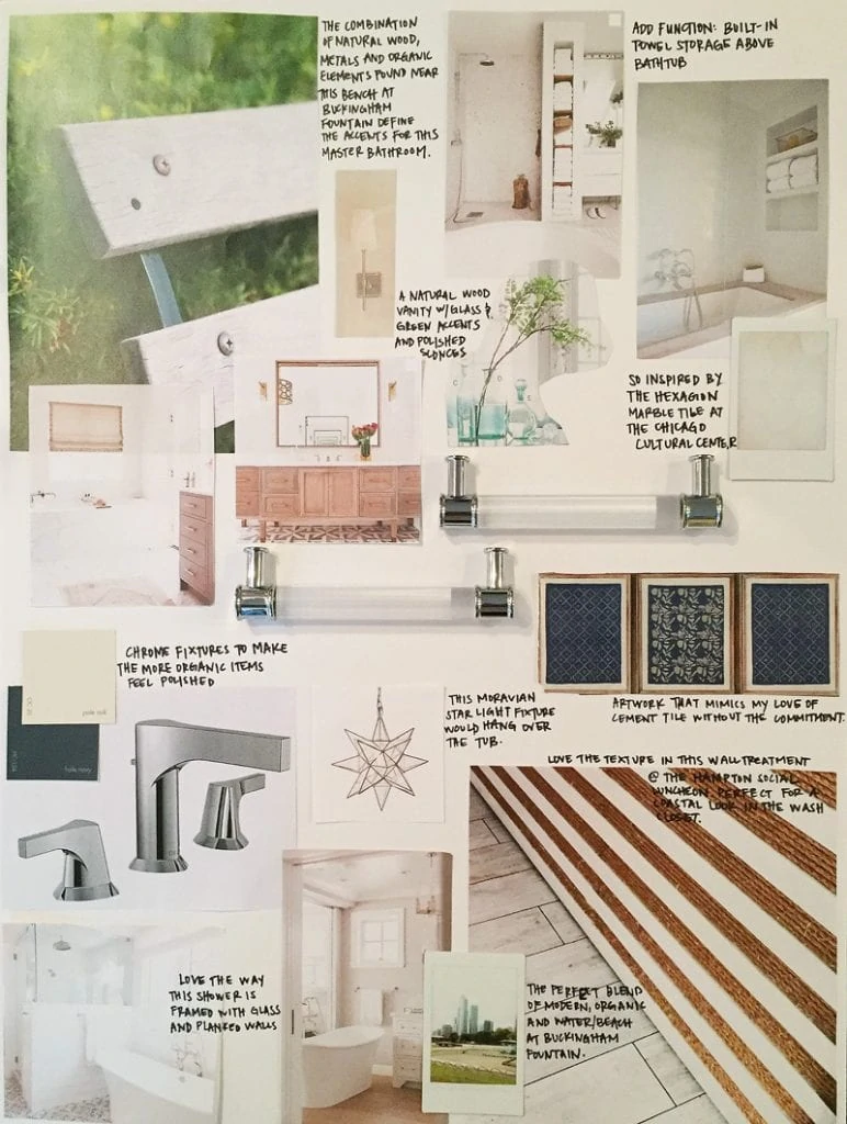 A bathroom design board with Chicago inspiration.