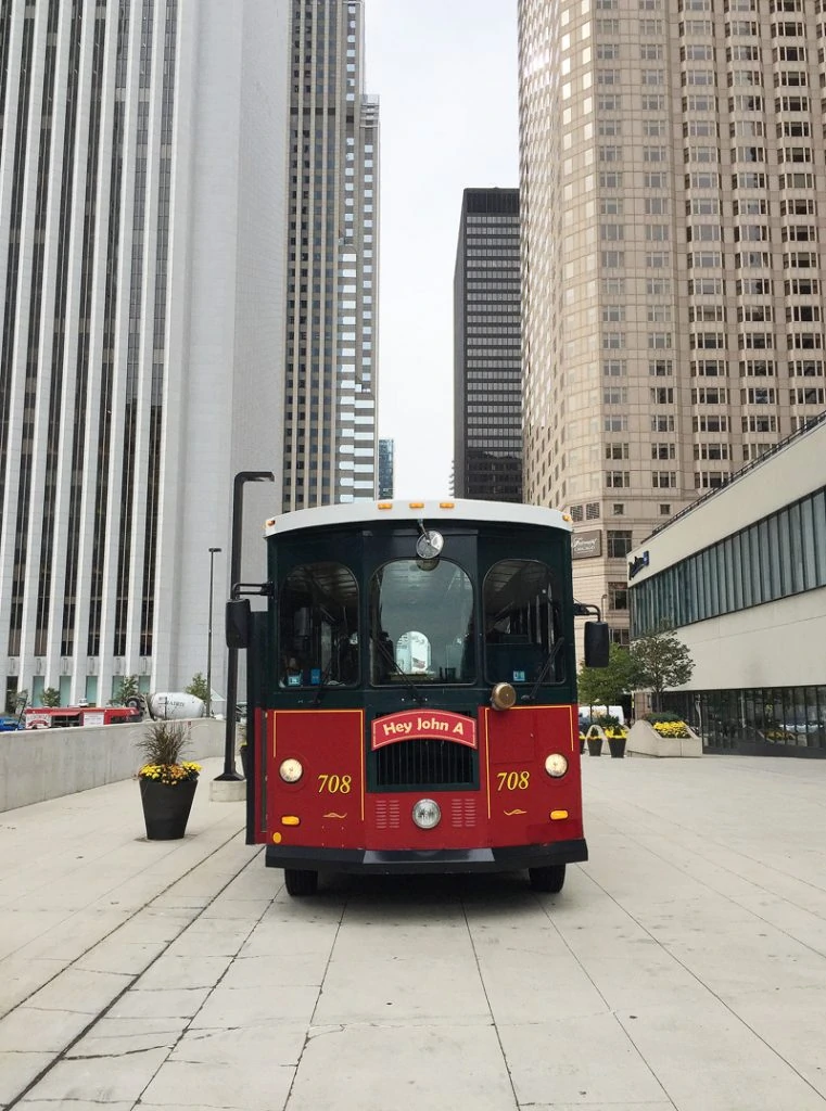 A red trolley car in Chicago.