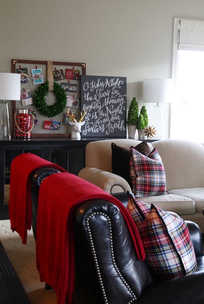 Red and White Christmas Plaid with O Holy Night Canvas and DIY Christmas Card Holder.