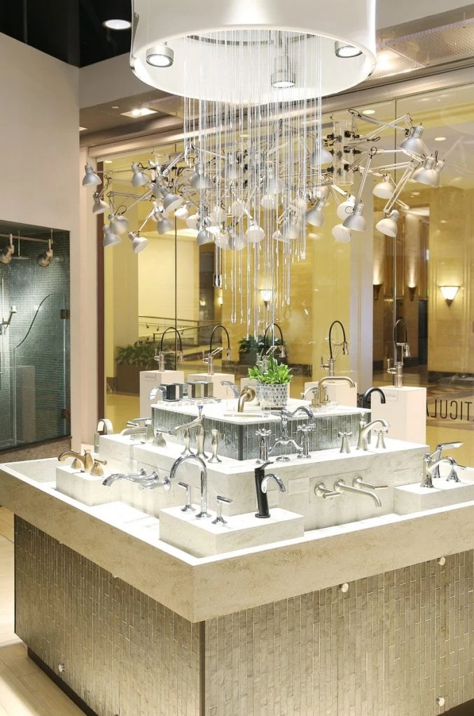 The delta showroom in Chicago with the faucets on display.