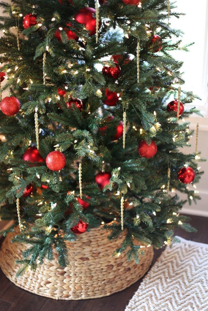 Red and gold decorated Christmas tree.