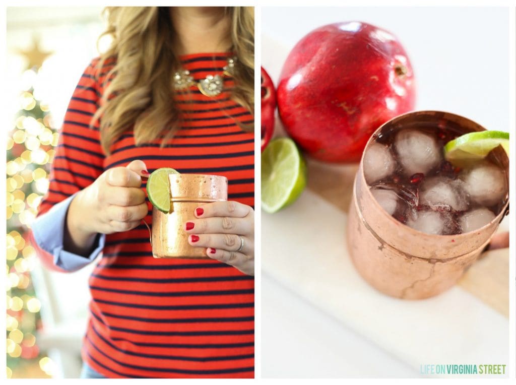 Moscow Mule in a copper mug with a lime on the side.