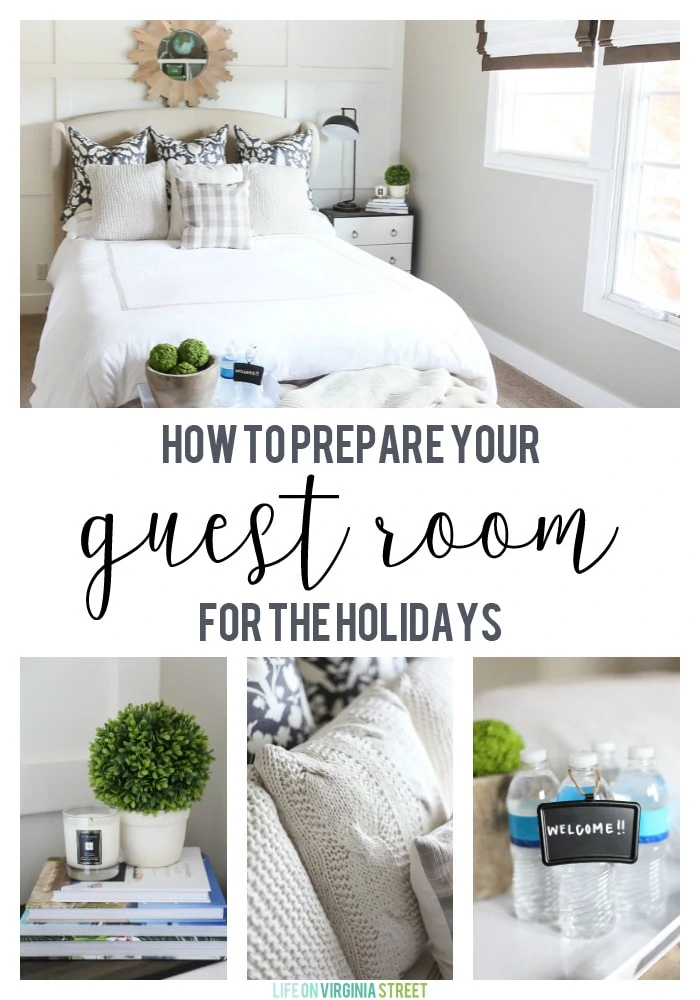 Guest bedroom with neutral bedding and green accents. Great tips on how to prepare your guest bedroom and bathroom for the holidays!