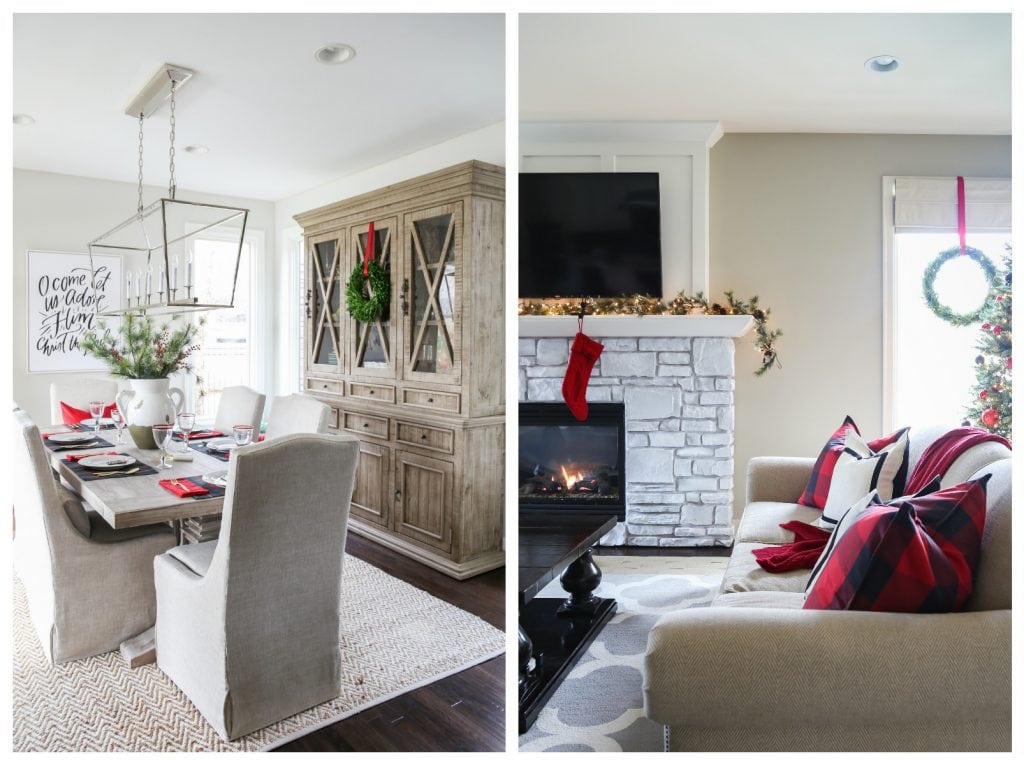 Neutral, red and plaid Christmas dining room and living room tours.