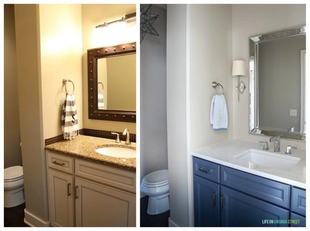 Our powder bathroom before and after picture! Love how the room naturally lightened and lifted the space to a new level. These nautical vibes are great!
