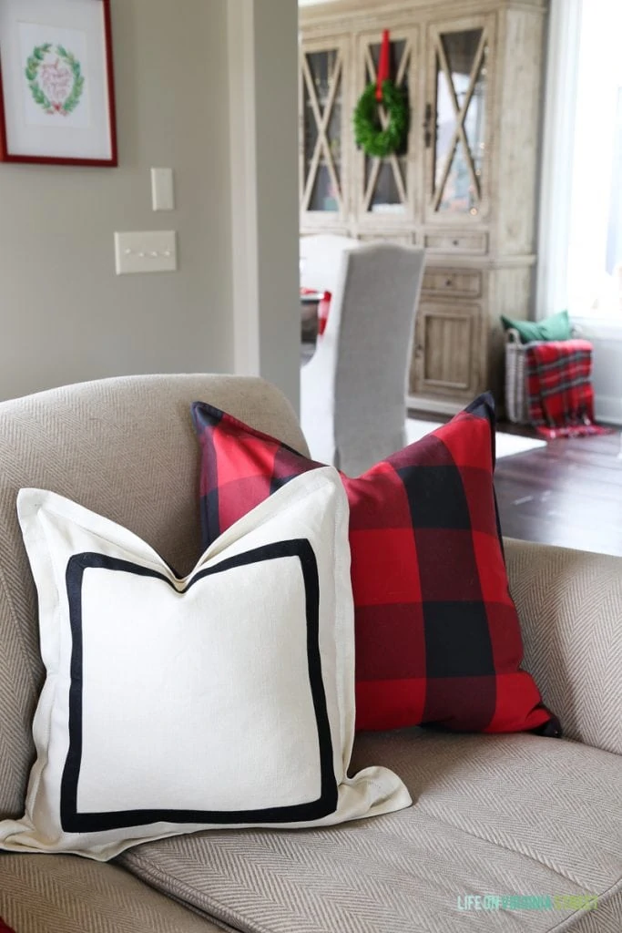 Red and black buffalo check Christmas living room.