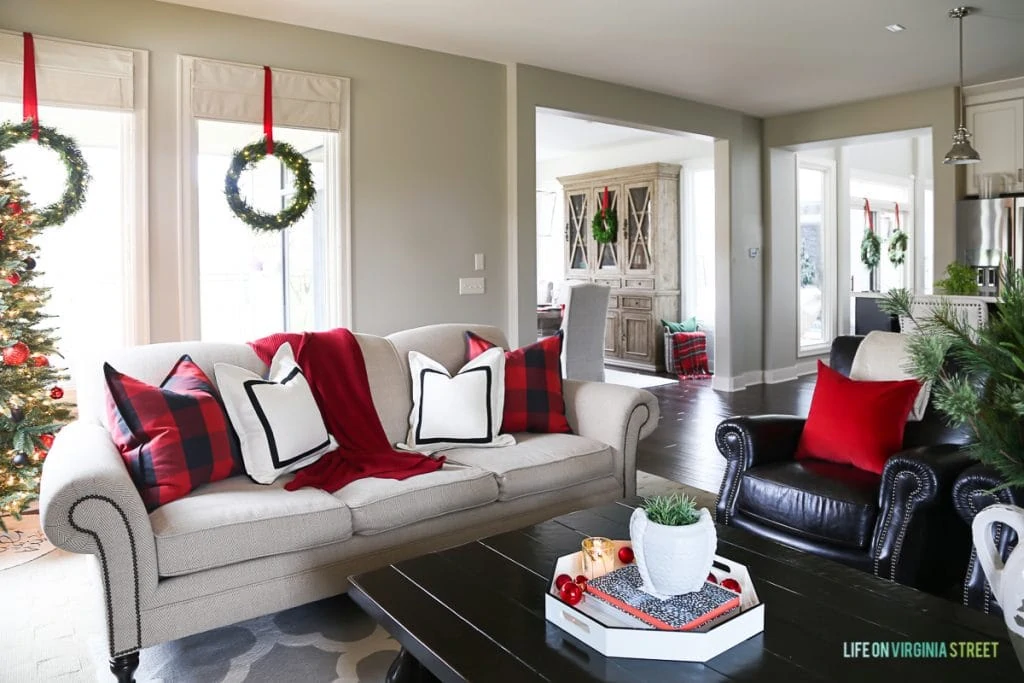 Red and black buffalo check Christmas living room.