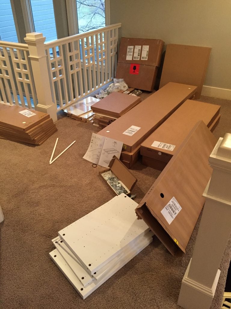 Here's the boxes partly opened for the IKEA Besta. This furniture definitely comes with a lot of boxes!