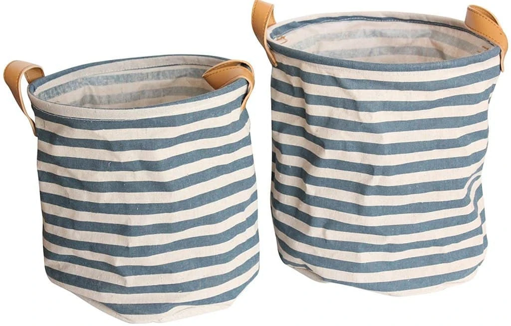 Blue and Ivory Striped Baskets with Leather Handles