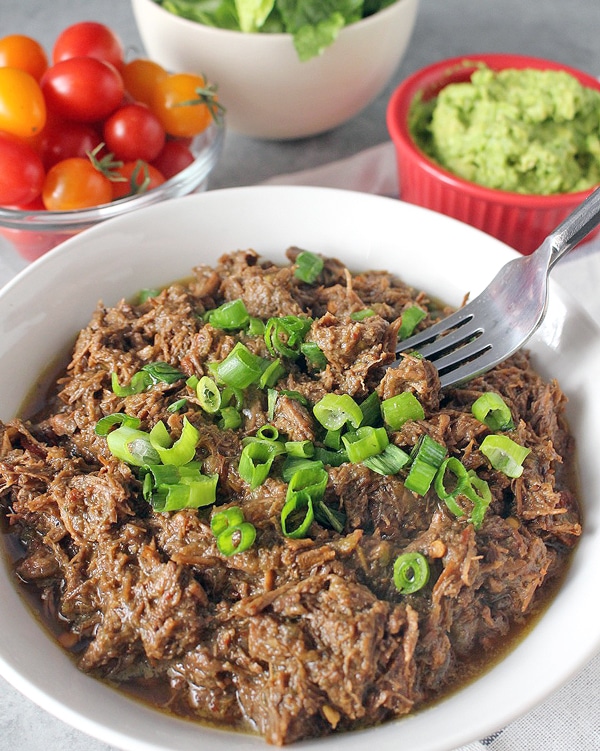 A bowl of beef with green onion and tomatoes and guacamole in dishes beside it.