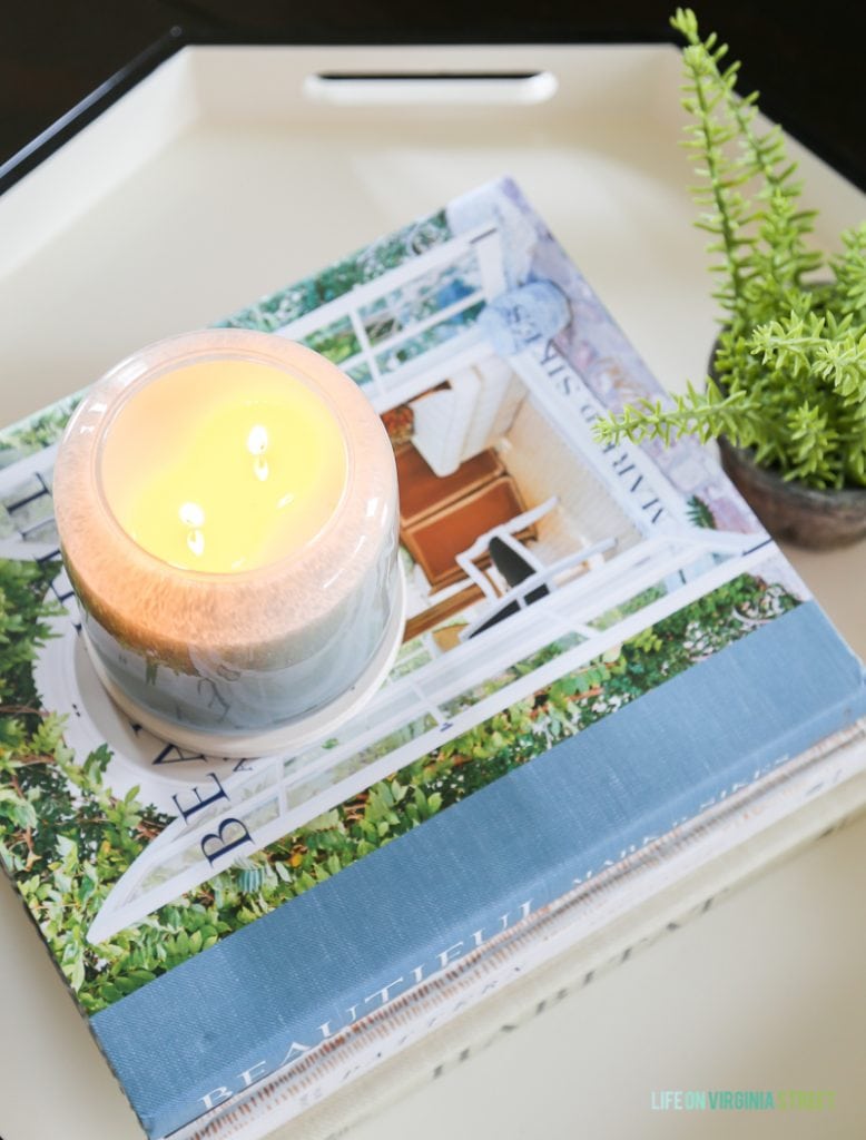 A lit candle on top of a book.