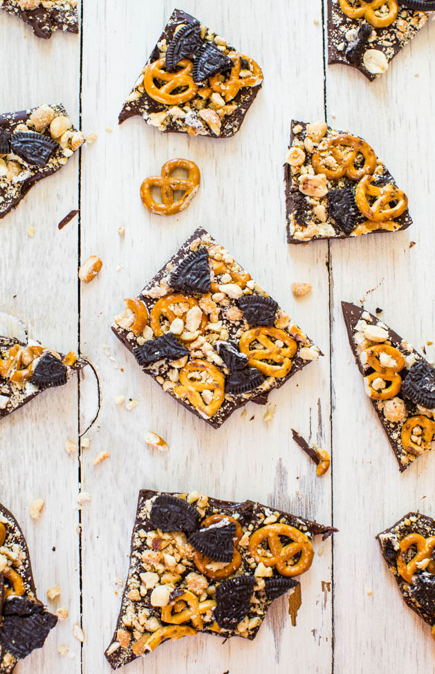 Bar bits with pretzels on top and Oreo cookies on the counter.