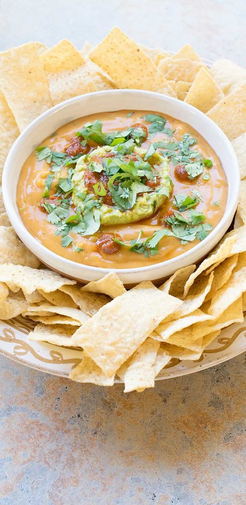 Queso bowl with chips.