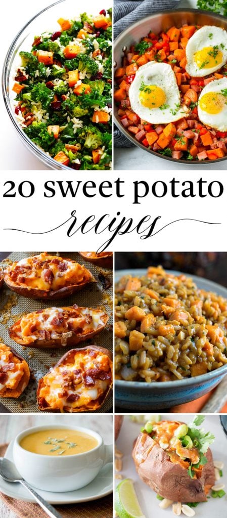 A collection of 20 sweet potato recipes that all sounds so delicious! This includes everything from breakfast ideas, to soup, to salads to loaded sweet potatoes! 