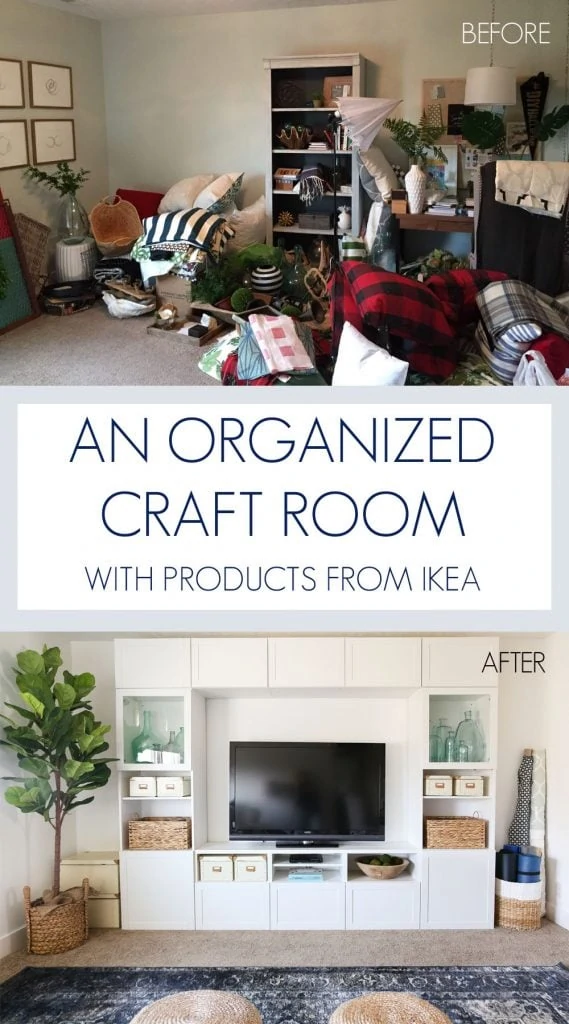 A stunning before and after! Love this craft room / TV room painted in Benjamin Moore Simply White. The IKEA BESTA stores fabric and other crafts, and the navy blue rug, fig tree and sisal poufs add color and texture. Also love that scalloped flushmount light fixture! Great organization tips included.