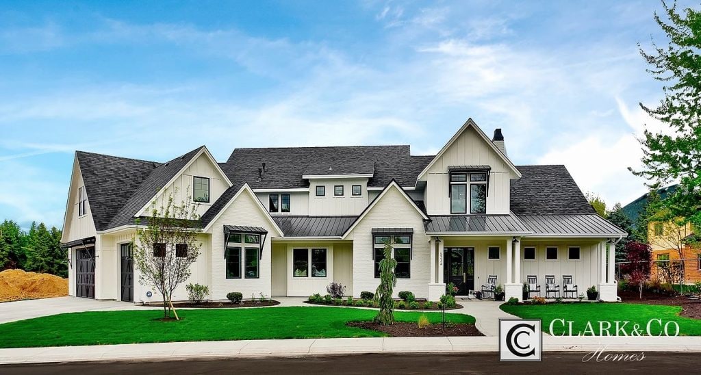 Modern White Farmhouse with Black Windows via Clark & Co Homes