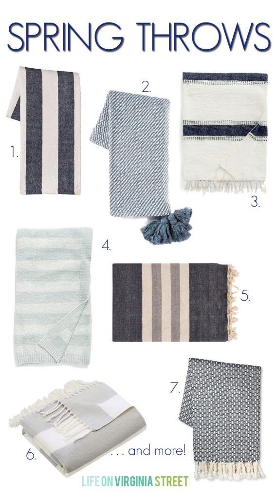 An excellent collection of spring throws perfect for homes with a coastal flair! Love all the navy blue, greens, aquas and stripes! Most of these come in a variety of colors as well.