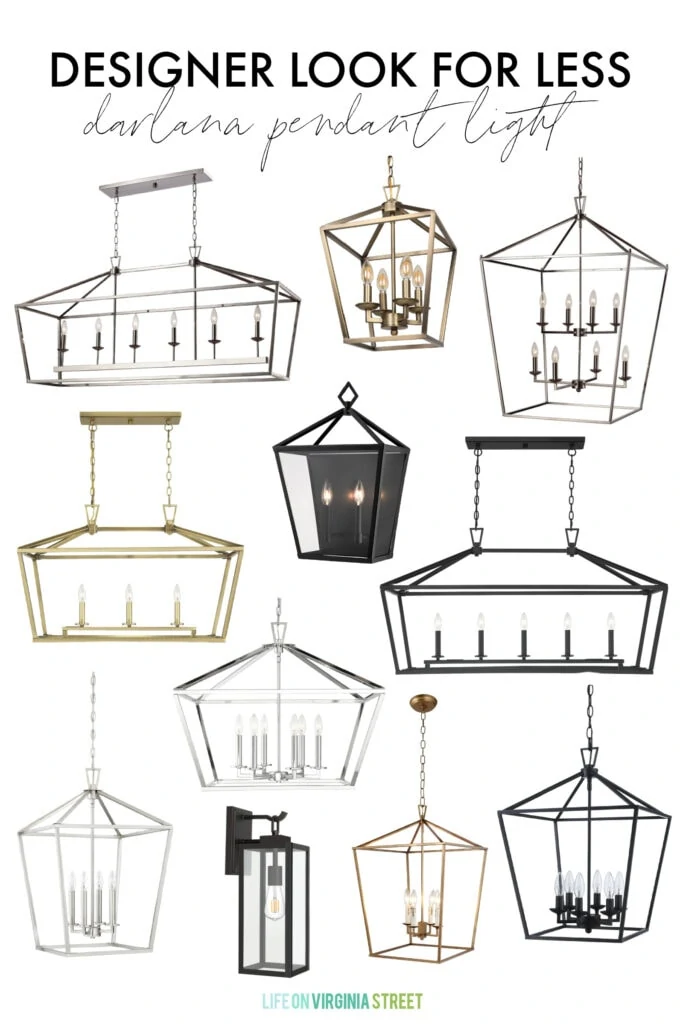 An excellent resource and collection of Darlana pendant light copycat options for all budgets! Includes all finish options, and alternatives for both indoors and outdoors! Also includes multiple shape alternatives like the linear pendant, wall lanterns, and hanging pendant lights.