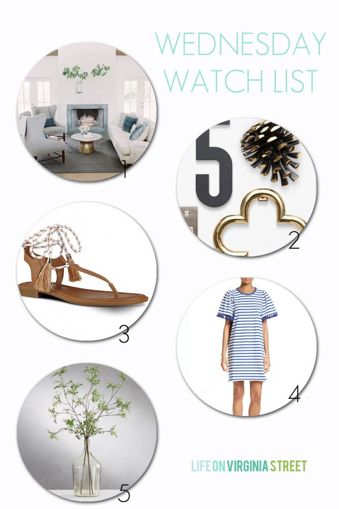 A farmhouse home tour, the best exterior hardware, cute and affordable summer sandals, a blue striped tassel dress and the best faux greenery!